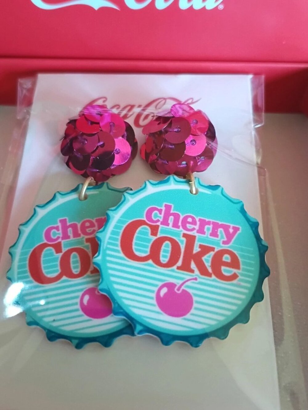 Coca-Cola Cherry Coke Pierced Earrings NIB Collectible Soda Jewelry - Picture 2 of 3